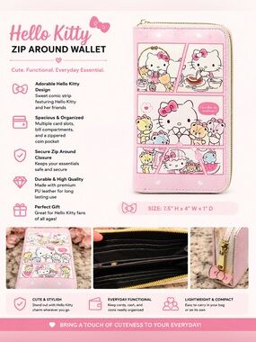 Hello Kitty Pink Zip-Around Wallet with Comic Panel Design